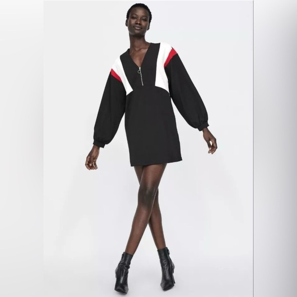 NWOT Zara Womens Color Block Shift Drees Long Sleeve Black Red White Size Small - Picture 1 of 8